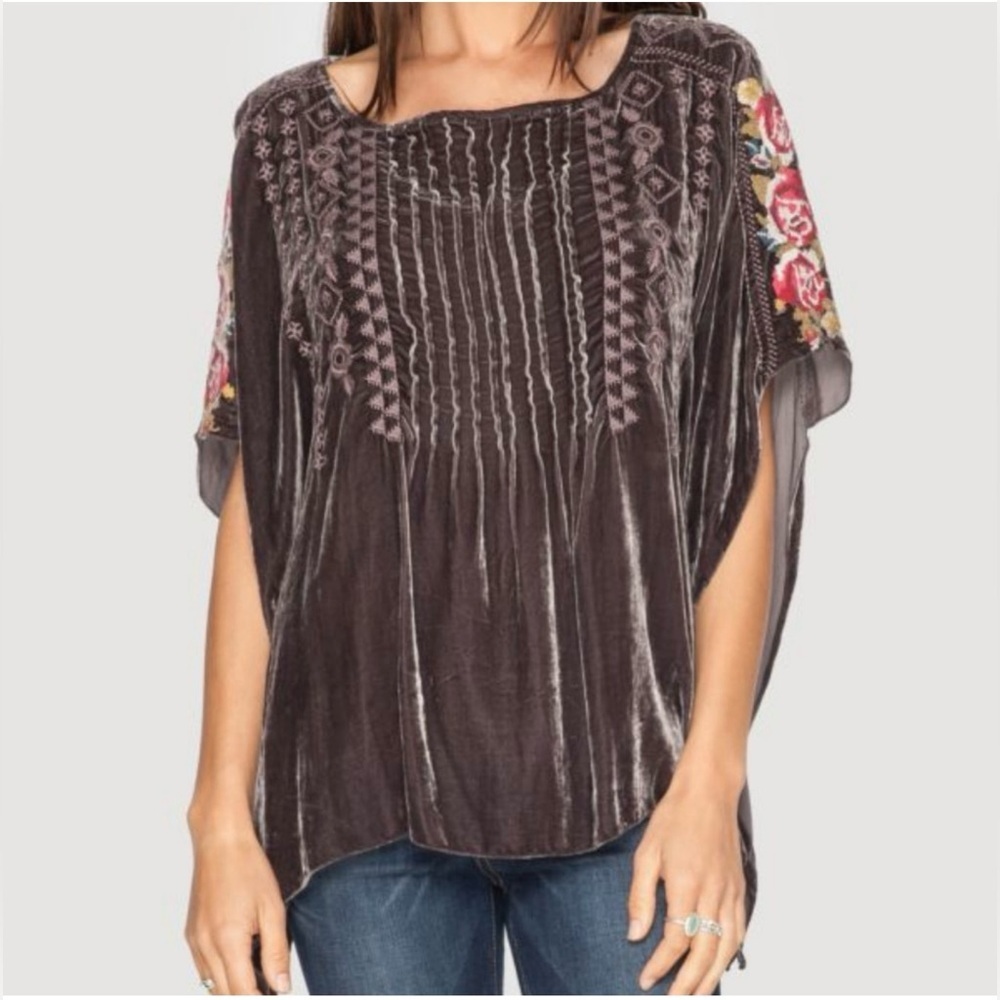 Johnny Was Brown Velvet Embroidered Peasant Blouse with Pink Floral Sleeves